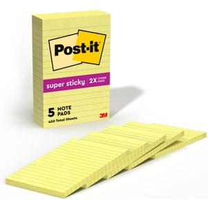 Post-it Super Sticky Notes, 4x6 in, 5 Pads, 2X the Sticking Power, Canary Yellow, Recyclable