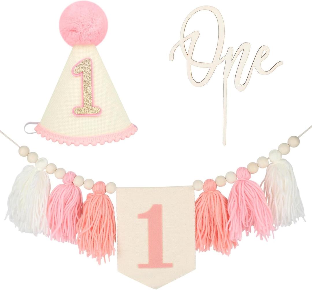 1st High Chair Banner Wood Bead Tassel Garland Banner, Pink and White First Birthday Cone Hat with One Cake Topper Happy Birthday Party Decorations for Baby Girls