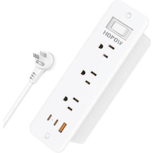 Recessed Power Strip Flush Mount Furniture Outlet with 6 Outlets 5 USB Ports (3 USB C), 5 ft Flat Plug Recessed Outlet, Desktop Charging Station for Nightstand, Side Table, 900J Surge Protector, White