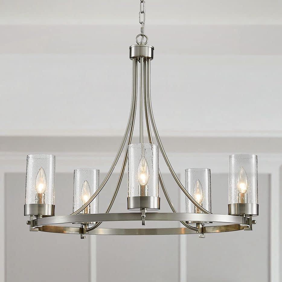WUZUPS 5-Light Wagon Wheel Chandelier Rustic Farmhouse Industrial Round Pendant Light Fixture with Clear Seeded Glass Shades for Dining Room Kitchen Island, H 20.5" x W 26.2", E12 Base, Nickel
