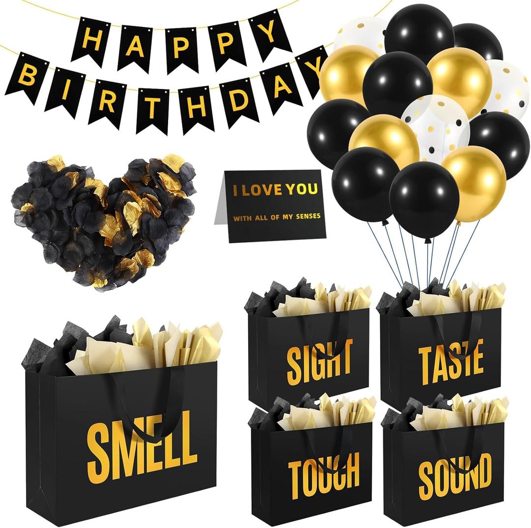 5 Senses Gift Bags For Him Her With Labels Tissue Paper and Handles, Comes With Birthday Decoration Rose Petals and Happy Birthday Banner Balloons for Valentine's Day (Black Gold, 12.6 x 8.7 x 4 inch)