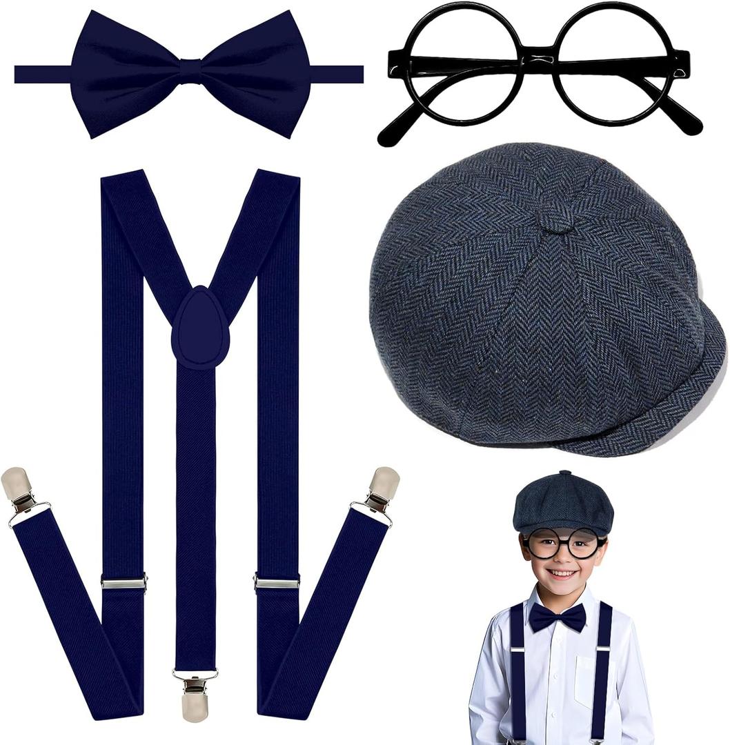 4Pcs Kids Boys Suspenders Bowtie Set with Black Glasses Newsboy Cap for Boy Girl Wedding 100 Days of School Costume