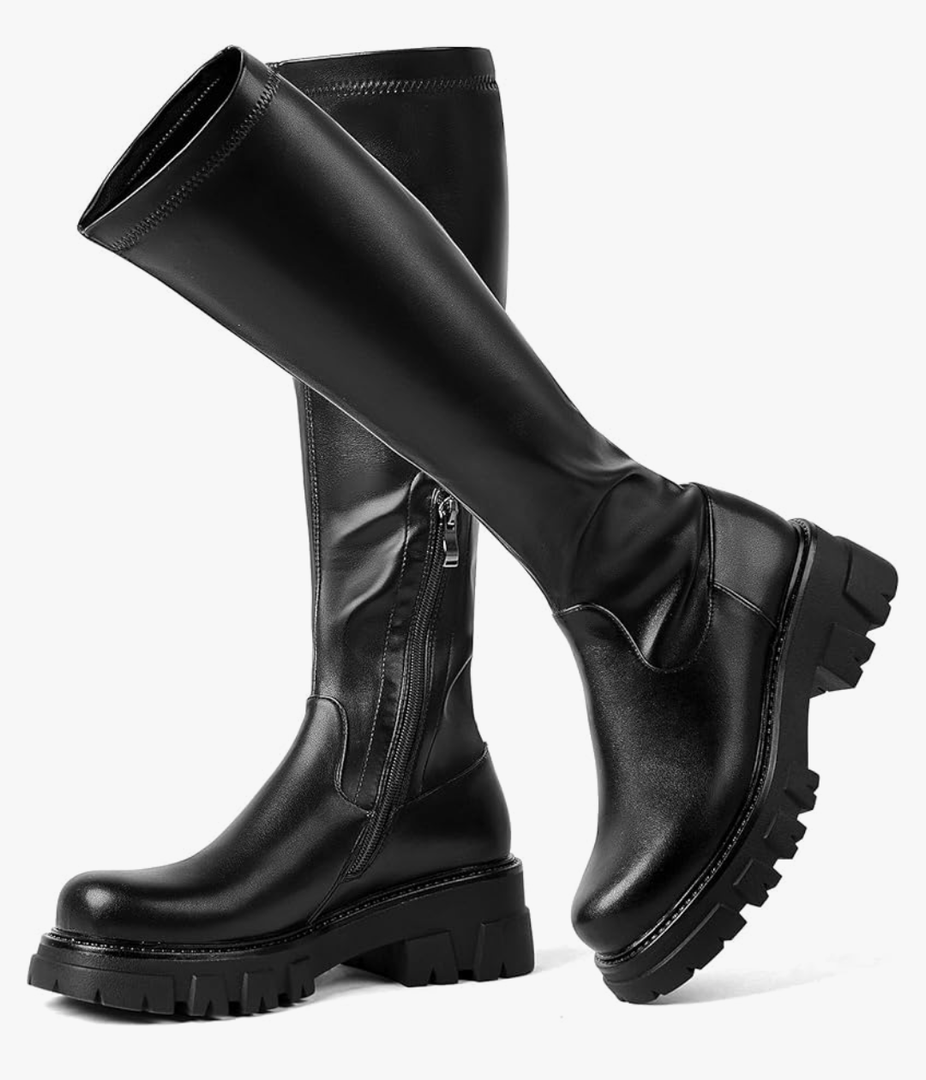 CouieCuies Women's Knee High Boots Black Tall Boot Lug Sole Shoes Stretch Below the Knee Comfortable Thick Sole Dressy Half Zipper Size 39