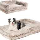 EHEYCIGA Foldable XXL Dog Bed for Large Sized Dog, 54"x38"x7.5" Faux Fur Fluffy Pet Couch Bed, Orthopedic Calming Memory Foam Big Pet Bed, Washable Pet Sofa Bed with Non-Slip Bottom, Faded Brown