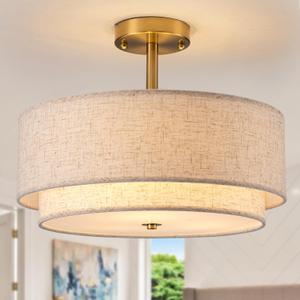 16" Semi Flush Mount Ceiling Light Fixture,Modern Close to Ceiling Light, 3-Lights Gold Drum Ceiling Light with Linen Fabric Shade for Bedroom Living Dining Room Hallway Entryway Foyer
