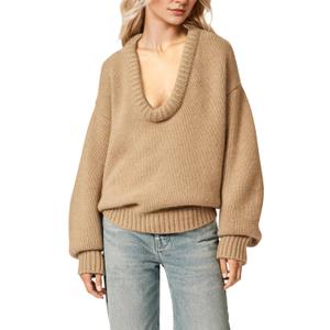 MISSACTIVER Women's Low Cut U Neck Oversized Sweater Casual Solid Long Sleeve Drop Shoulder 2024 Winter Pullover Jumper Tops (Khaki) S