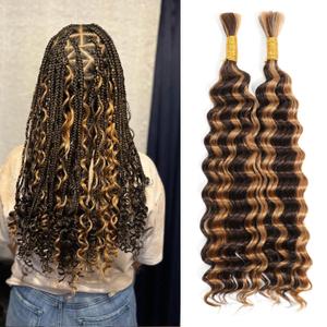 4/27 Highlight Human Braiding Hair Mix Synthetic Boho Hair for Braiding,20 InchDeep Wave Braiding Hair 140g 2 Bundles Boho Braids Human Hair Extensions for Black Women