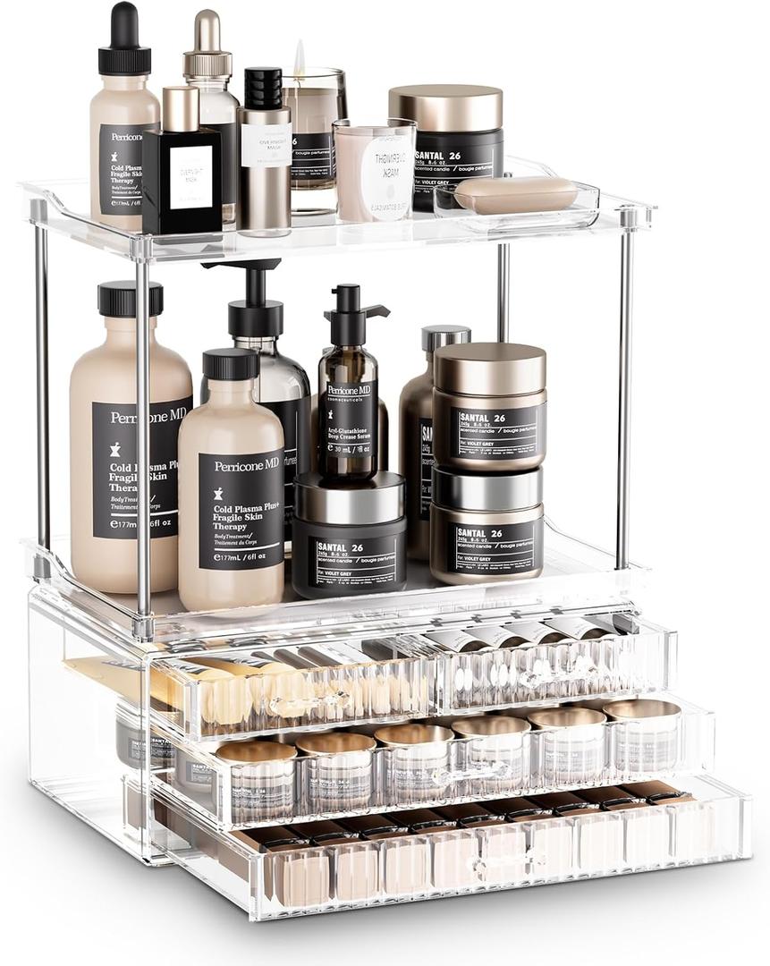 Acina 2-Tier Bathroom Organizer Countertop: Multi-Purpose Makeup Organizer - Large Skincare Exquisite Vanity Organizer for Cosmetics, Perfume Amber Clear (2-Tier with 4-Drawer)