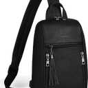FADEON Sling Bag for Women, Crossbody Backpack with Tassels, Designer Leather Shoulder Chest Bags for Travel (A- Black Retro Style)