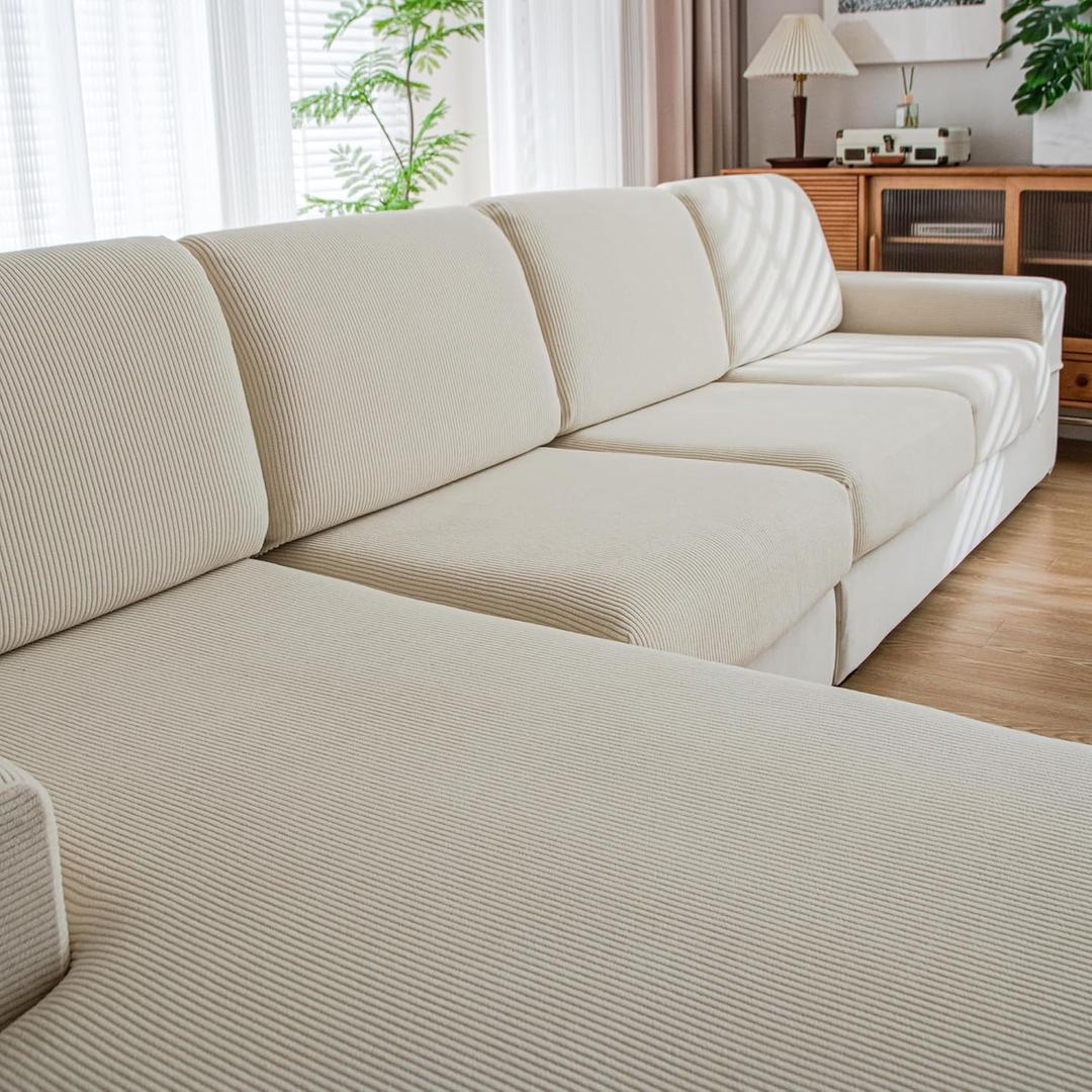 Couch Cushion Covers, Comfort Soft Magic Sofa Covers Washable Stretch Resistant Slipcovers for Sectional and L Shaped Seats Furniture Protectors for Pets (1PC Armrest Cover, Ivory)
