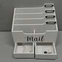 RELBRO Mail Organizer Desktop, Wood Desk Organizer with 2 Drawers, 4 Compartments for Home Office Accessories, White