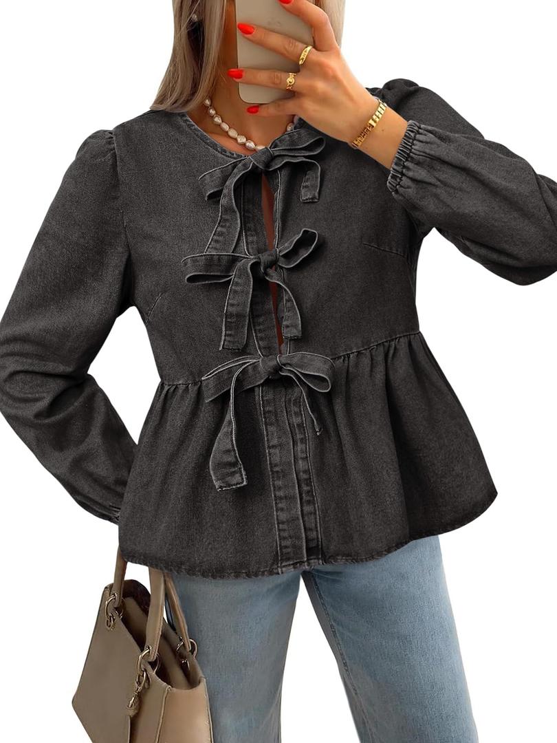 Tankaneo Womens Puff Long Sleeve Denim Tie Front Babydoll Peplum Blouse (Black, S)