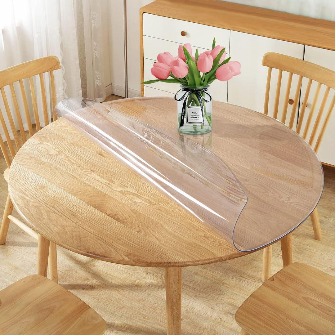 60 Inch Diameter Clear Round Plastic Table Cover Vinyl Tablecloth Clear PVC Placemats Circle Desk Pad Dining Coffee Table Wood Furniture Protector Wipeable Water Resistant Table Runner Protector