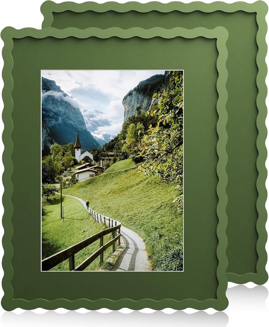 11x14 Wavy Picture Frame With Mat For 8x10, Wavy Edge Wooden Picture Frame with Real Glass - Wall Mount Display, Green, 2 Pack