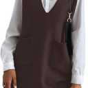 OYOANGLE Women's V Neck Sleeveless Knitted Solid Short Sweater Dress with Pockets (Deep Brown, Small)