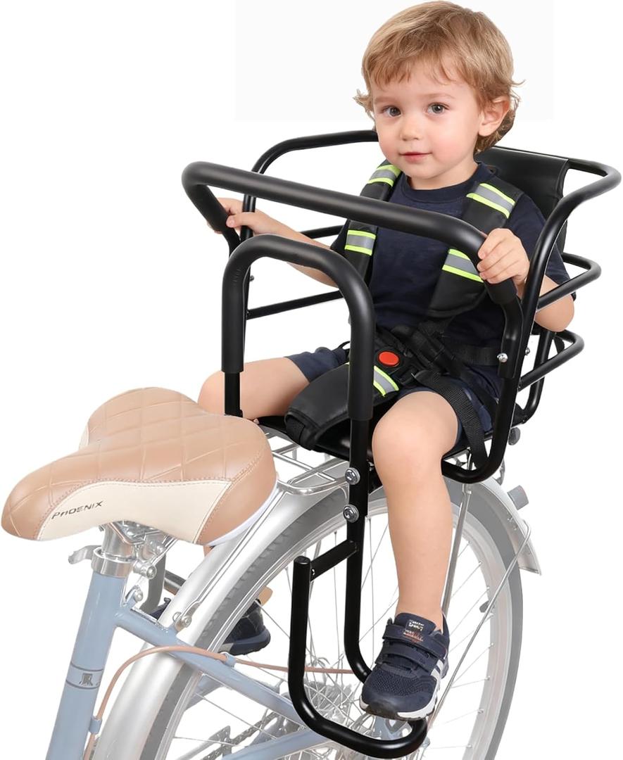 Upgraded Rear Child Bike Seat,Back Mount Kid's Bike Seat with Foot Pedals Back Rest Handrail, Designed for Children Aged 18 Month to 8 Years Old,Easy Installation