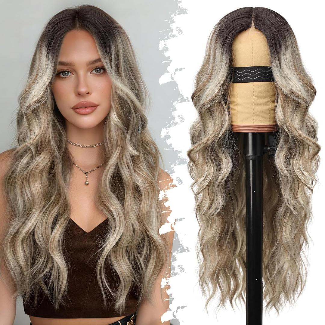 Eawwii Ombre Ash Brown with Platinum Blonde Wig for Women Long Wavy 4x1 Lace Natural Hairline Glueless for Beginners Middle Part Synthetic for Daily Party Use 26Inch