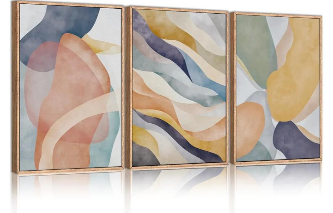 LHIUEM Large Abstract Neutral Framed Canvas Wall Art Set,Colorful Watercolor Block Wall Decor,Boho Geometric Illustrations Artwork for Living Room,Bedroom,Dining Room,Office -16"x24"x3