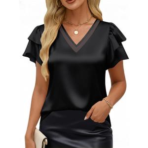 VIMPUNEC Womens Blouses Dressy Casual Ruffle Short Sleeve Shirts Summer Business Work Tops (Black, M)