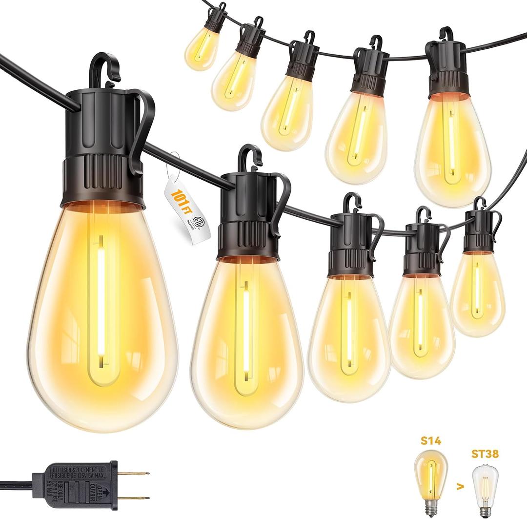 Minetom 101FT Outdoor String LED Patio Lights Waterproof,Shatterproof S14 Vintage Edison Bulbs,Commercial Grade Outside Hanging Lights Waterproof for Porch Deck Garden Backyard Balcony Cafe Bistro