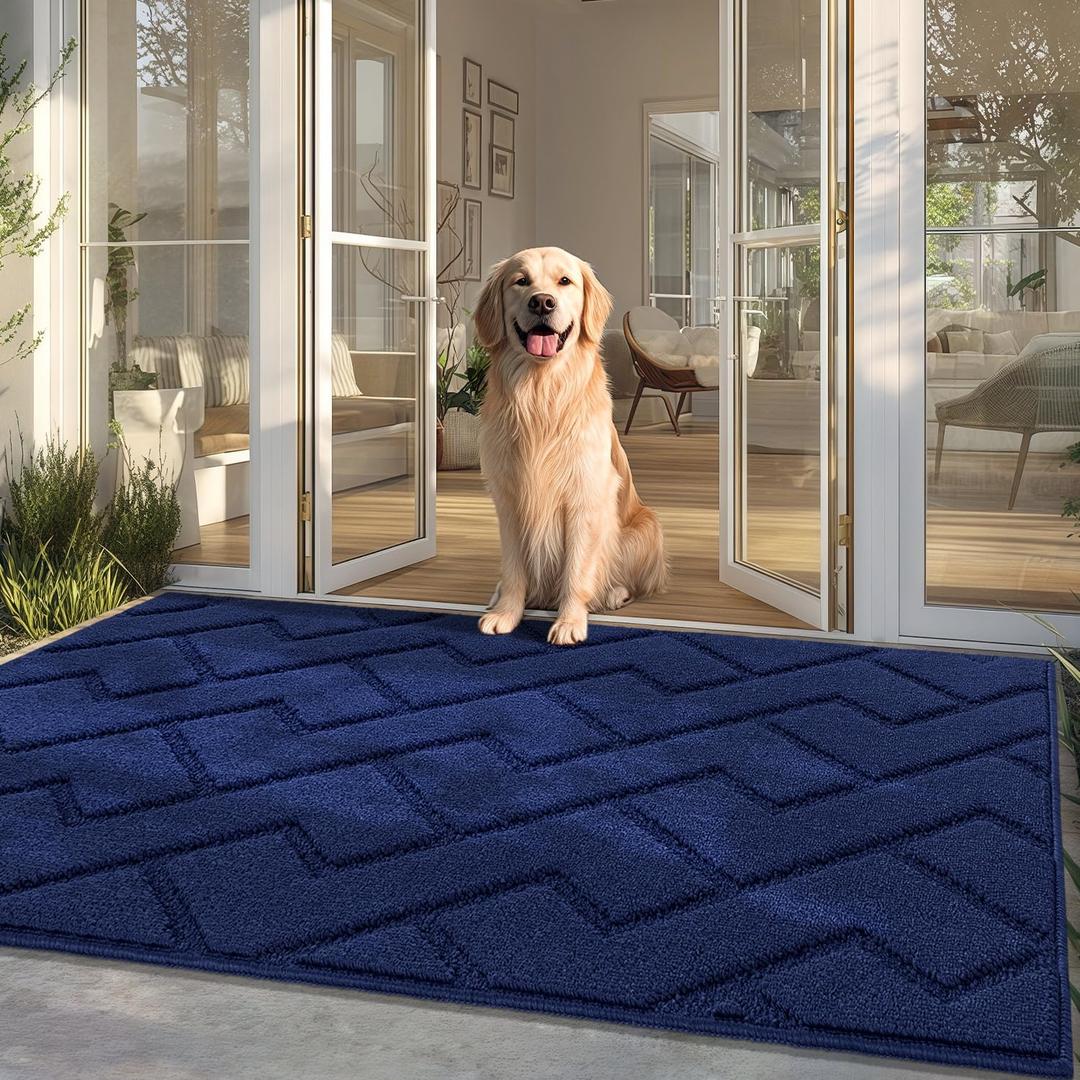 hicorfe Front Door Mat Outside Entrance,36"x59" Absorbent Muddy Dirt Resist Welcome Door Mats Outdoor Indoor, Stain and Fade Resistant, Non Slip Backing Entry Mat Doormat for Entryway(Navy Blue)