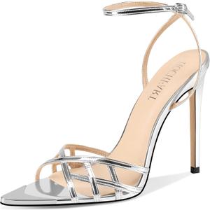 HOCHFART Women's Strappy Heels Lace Up Pointed Open Toe Ankle Strap Stiletto High Heels Sandals Dressy Summer Shoes for Women (Silver, M, Size 8)