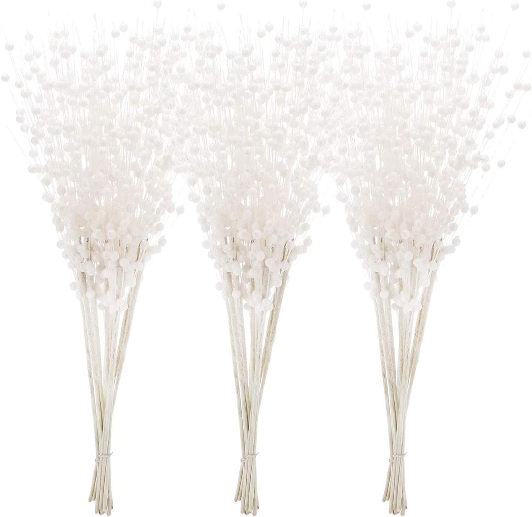Sea Team 24-Pack Artificial Glitter Berry Stem Ornaments, Decorative Bead Sticks, Glittery Twigs, Picks, Branches for Christmas Tree, Small Vase, Holiday, Wedding, Party (17 Inches, White)