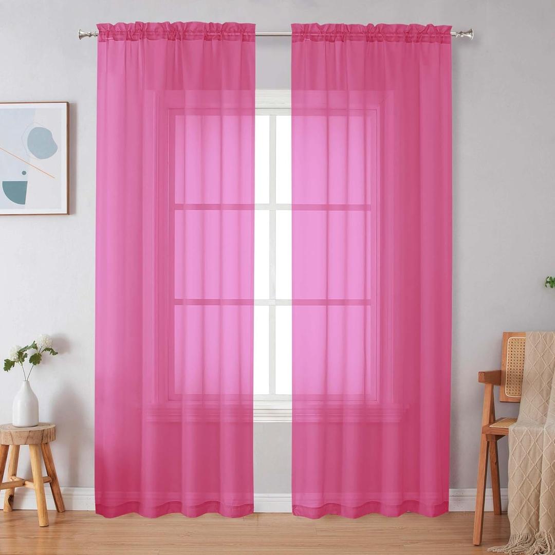 Simplebrand Hot Pink Sheer Curtains 84 Inches Long, Light Filtering Rod Pocket Solid Color Window Sheer Curtain Panels, Elegant Curtains & Drapes for Living Room, Bedroom 2 Panels  Hot Pink, 42"W x 84"L (Pack of 2)