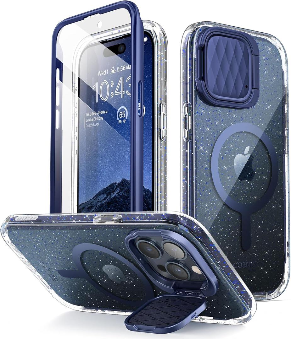 i-Blason Cosmo Magnetic for iPhone 15 Pro Max Case MagSafe with Camera Cover Stand, Slim Style Full-Body Phone Case for iPhone 15 Pro Max with Built-in Screen Protector & Kickstand (Blue Glitter)
