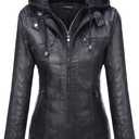 Tanming Womens Faux Leather Jacket Hooded Moto Biker Coat Outerwear Fall Fashion Outfits Winter Clothes (Medium, Black)