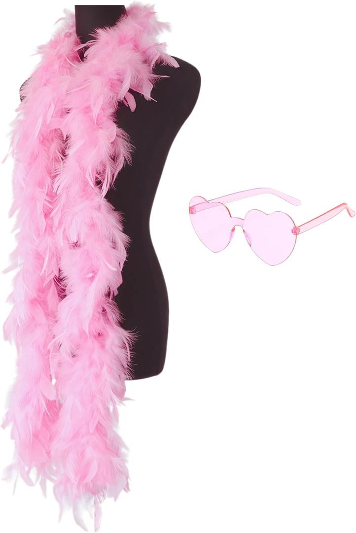 Colorful Feather Boas 45g, 6.6ft Feather Boa for Women for Dancing Wedding Party Halloween,with Heart Sunglasses (Pink)