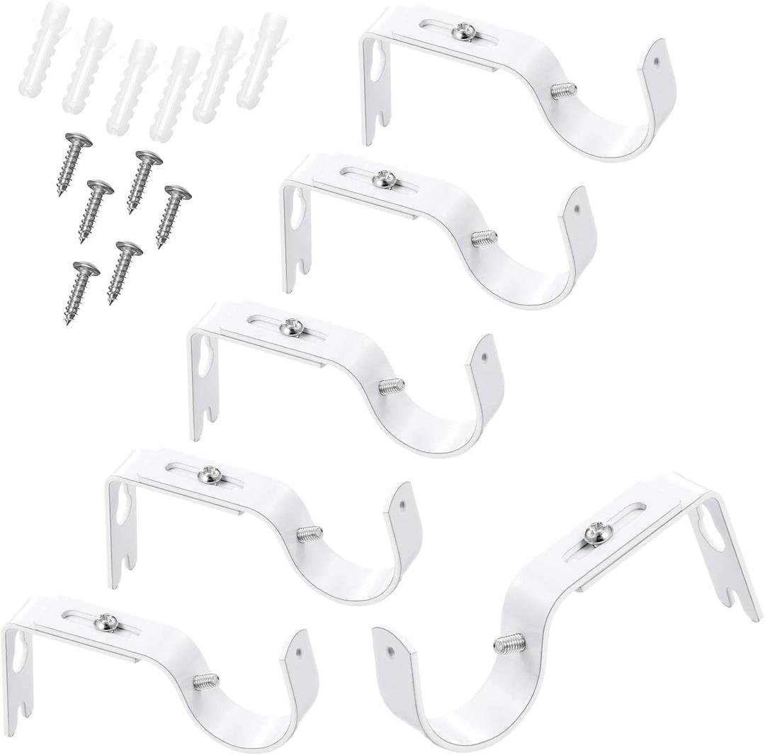 6 Pieces Curtain Rod Brackets General Adjustable Curtain Rod Holder Wall Bracket Hooks Outside Mounted Blinds Curtain Rod Bracket with Screws for 1 Inch Diameter Curtain Rod (White)