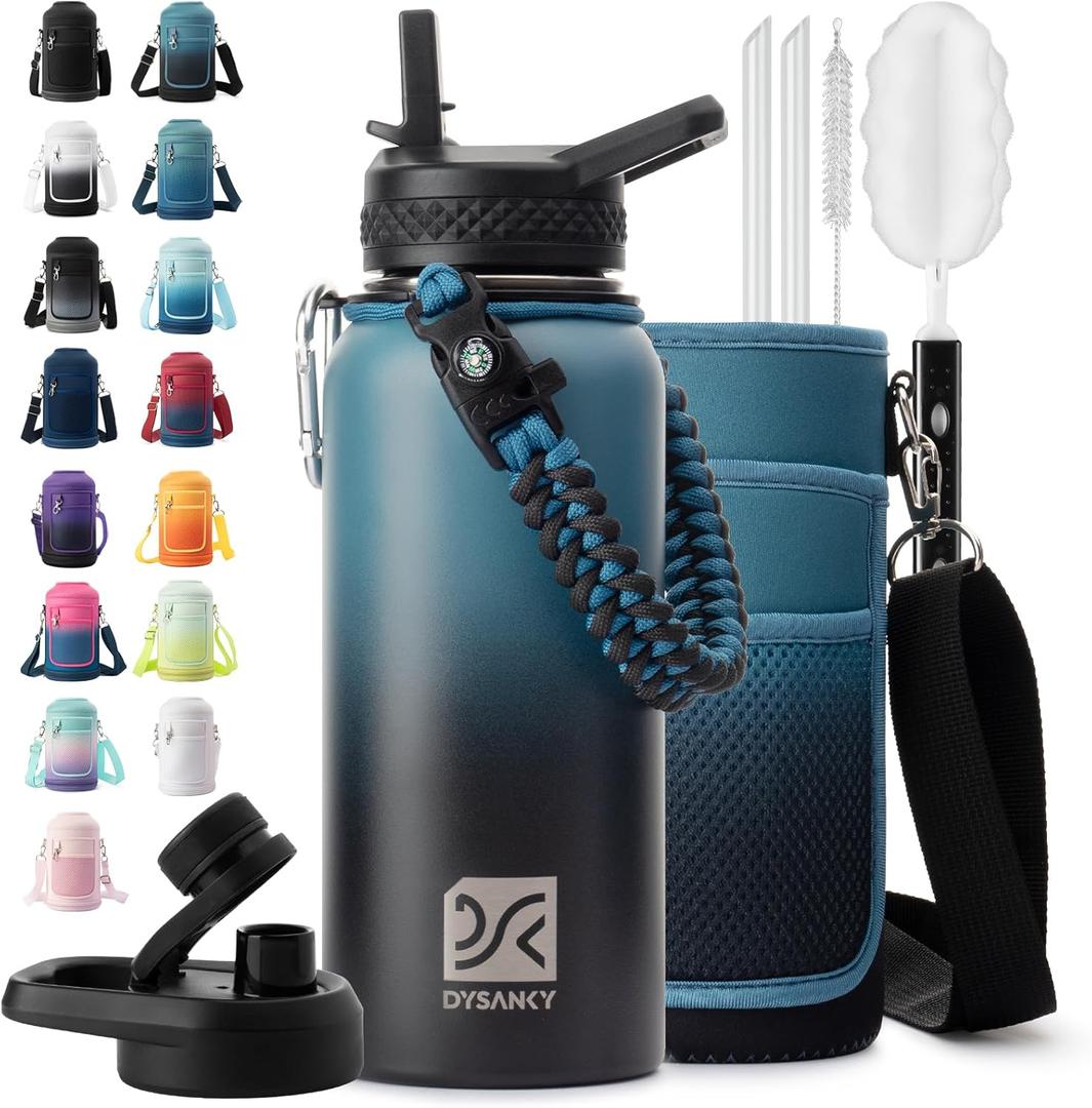 32 oz Insulated Water Bottle | Thickened Stainless Steel Vacuum Metal | Portable Sports Water Jug for Gym and Hiking with Straw, Carrier Bag, Handle Strap | BPA-Free 32 oz (Indigo/Black)