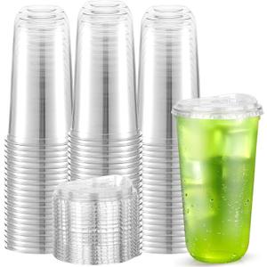 [50 Pack] 20 Oz Clear Plastic Cups with Lids, Disposable Strawless Coffee Iced Drink Cup Cold Beverage To Go Cups for Iced Coffee, Smoothies, Juice, Tea, Water, Party Use