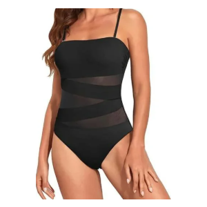 Tempt Me Women Black Strapless Bandeau One Piece Swimsuits Sexy Mesh Cutout Bathing Suits Tummy Control Swimwear  XL Black