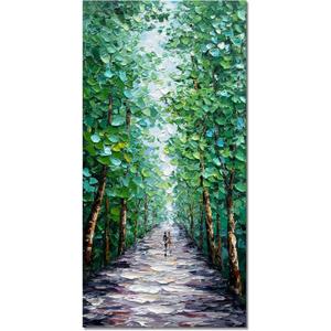 Alenoss Hand Painted Green Canvas Wall Art, Abstract Oil Painting on Canvas, Large Midsummer Forest Landscape Painting, 24x48 inches, Green, Vertical Wall Art for Living Room, Bedroom