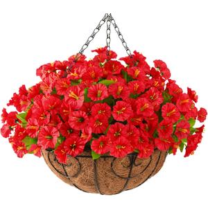Homsunny Artificial Fake Hanging Flowers Plants with Basket for Outdoor - Fake Petunias Flowers Fake Silk Morning Glory Planter for Outside Porch Patio Balcony Garden Spring Summer Decor(Rose red)