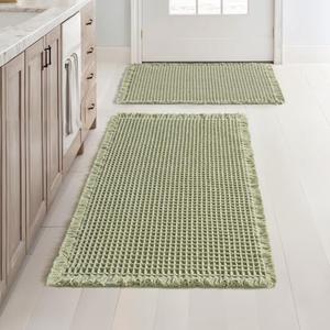 MIULEE Set of 2 Waffle Bathroom Rugs, Boho Bath Rugs Non Slip Washable, Super Absorbent Bath Mats, Ultra Soft Rubber Backed Shower Mats for Bathroom Floor, Tub, Sage Green, 17"x24"+18"x30"