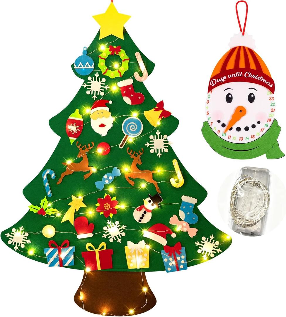 3ft Felt Christmas Tree 32 Ornaments, with Countdown Snowman and LED Lights, DIY Xmas Decorations Wall Hanging, Christmas Crafts Kits, Kids Gifts Party Supplies Door Window Decor