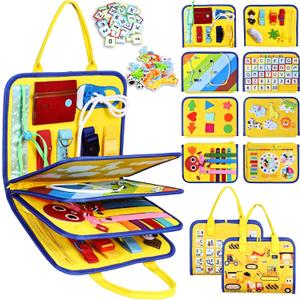 Esjay Toddler Busy Board Montessori Toys, Sensory Board Educational Activities for Learning Fine Motor Skills, Gifts for Girls Boys Toddlers, Travel Toys for Airplane Car,Yellow Truck