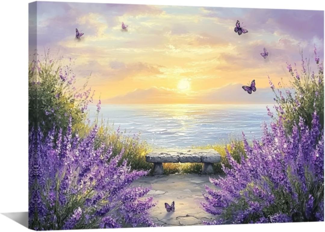 YMXDYMJSW Coastal Lavender Wall Art Purple Lavender Flowers Pictures Sunset Floral Canvas Prints Seascape Beach Theme Paintings for Bathroom Decor Frame (Purple,16L x 24W)