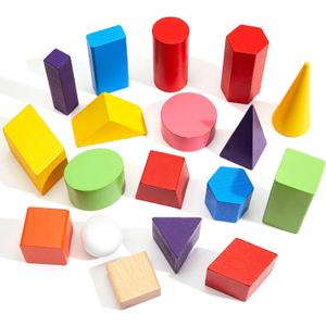 18 Pcs 3D Shapes Geometric Solids Wooden Large Size Colorful Geometric Shapes Blocks Set Montessori Learning Toys Multicolored Pattern Blocks Solid for Preschool Elementary Home School Supplies