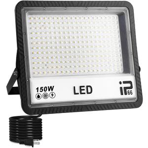 LED Flood Light Outdoor, 150W 15000LM Bright Outdoor Security Lights, IP66 Waterproof, LED Work Lights with Plug, 6500K Daylight White Floodlight for Outdoor, Yard, Garden, Garage, Lawn