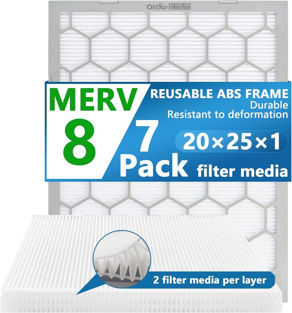 20x25x1 MERV 8 Air Filter,AC Furnace Air Filter,Reusable ABS Plastic Frame, 7 Pack Replaceable Filter Media (Actual Size: 19 3/4" x 24 3/4" x 3/4")