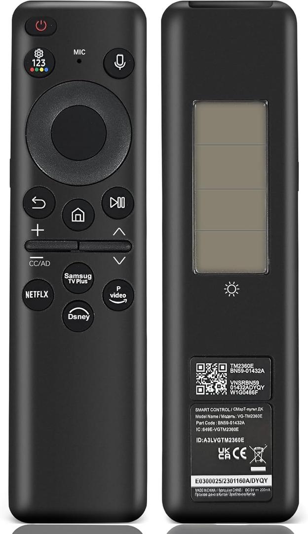 BN59-01432A TM2360E Solar Voice Remote Compatible with Samsung Neo QLED 8K HDR Smart TVs, Fit for Frame Crystal UHD Smart TV, with Bluetooth Rechargeable Solar Cell, 2023 Model Black, BN59-01432D