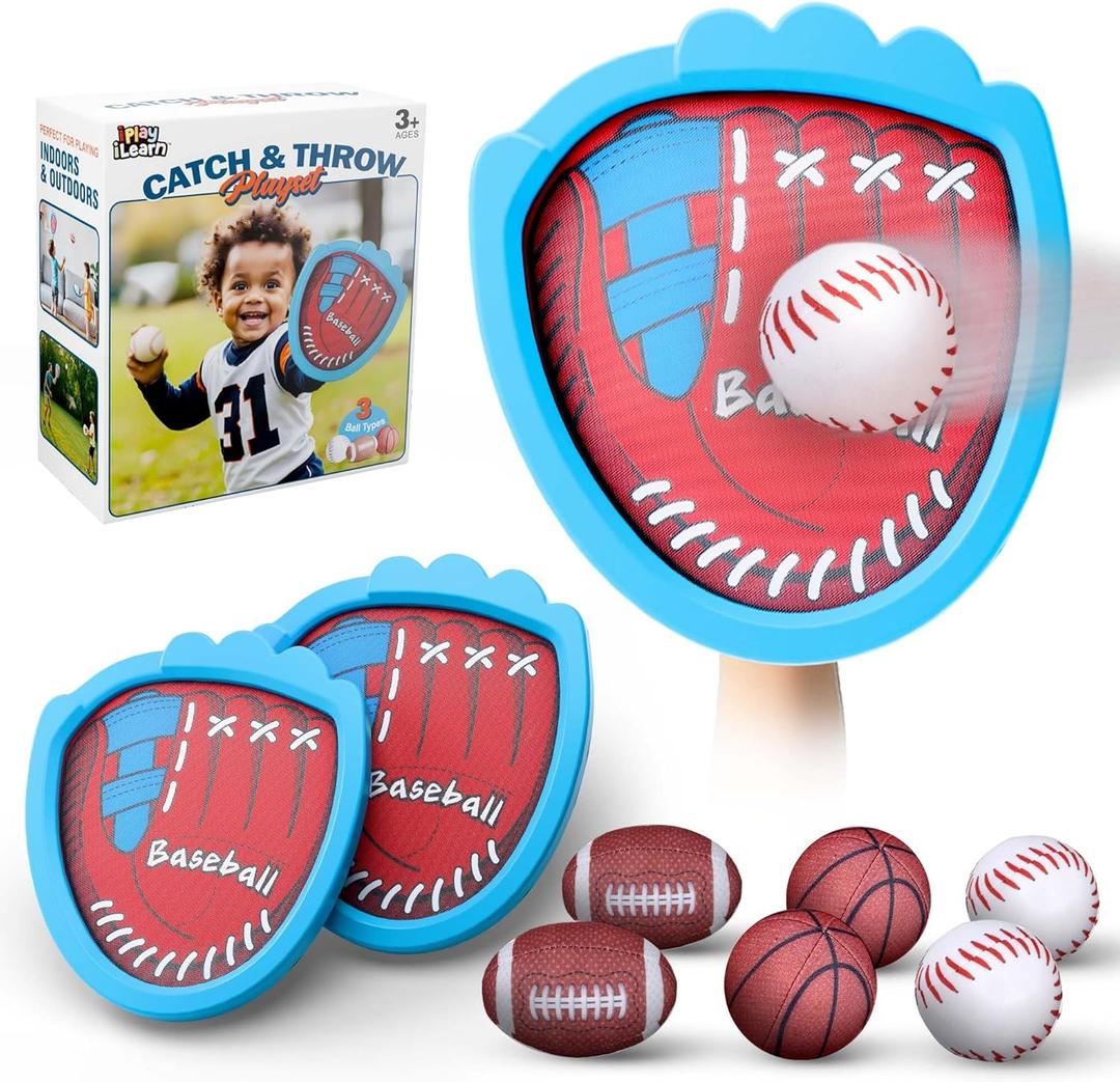 iPlay, iLearn Toss and Catching Ball Game Set, Easy to Use Sticky Balls & Beginner Baseball Glove, Outdoor Sport Paddle Fits All Hand Sizes For Toddler Teen Adult, Fun Activity Gift Idea for Boys Girl