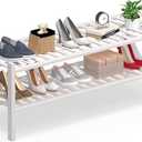 Haddockway Long 2 Tier Bamboo Shoe Rack Storage Organizer, Multifunctional Free Standing Stackable Shoe Shelf with Grid Panel for Closet,Hallway,Entryway,Small Space 34.2"x11"x13" (White)