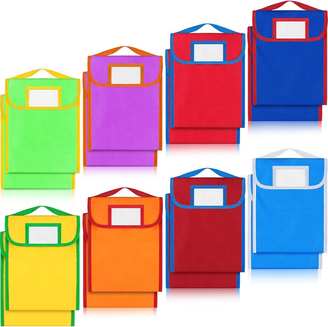 Lincia 16 Pcs Nylon Book Pouch Bags with Stitched Handle and Clear Name Tag Pockets, Book Bags for Kids, Classroom, School, Homework, Protector Store Reading Supplies, 11.8 x 9.8 Inch