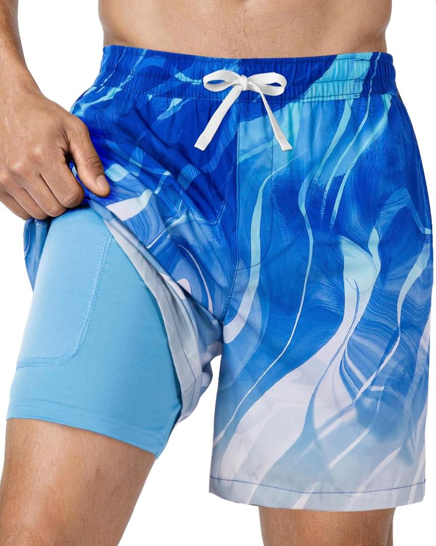 Men's Swim Trunks, 2 in 1 Board Shorts Swimsuit Quick Dry Beach Shorts with Pockets Compression Liner Bathing Suits (Blue, L)