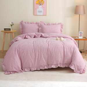 Silnuo Vintage Pink/White Plaid Ruffle 3-Piece Duvet Cover Set Full Size,Washed Cotton Shabby Gingham Checkered Bedding Set Farmhouse Comforter Set